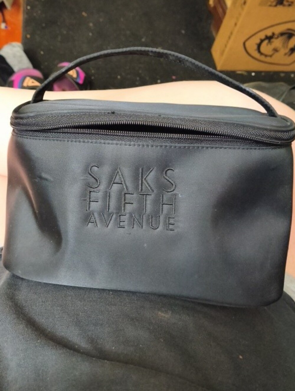 Saks Fifth Avenue brand Black Satin cosmetic bag